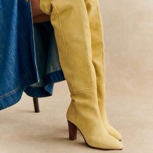 Sezane Anaelle Thigh High Suede Leather Over The Knee Pointy Boots Lemon Yellow